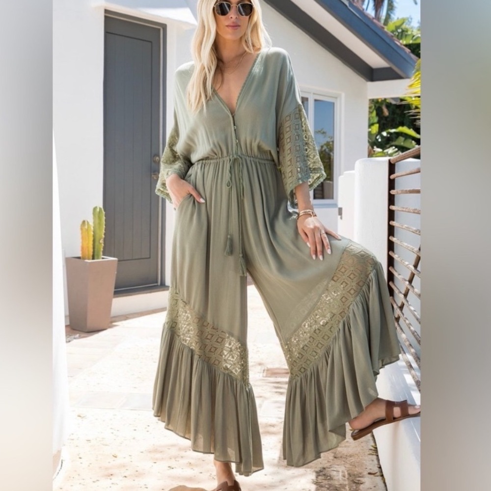 Sweet Lovely by Jen Lace Bell Sleeve Wide Leg Jumpsuit Sz S Boho Festival Green